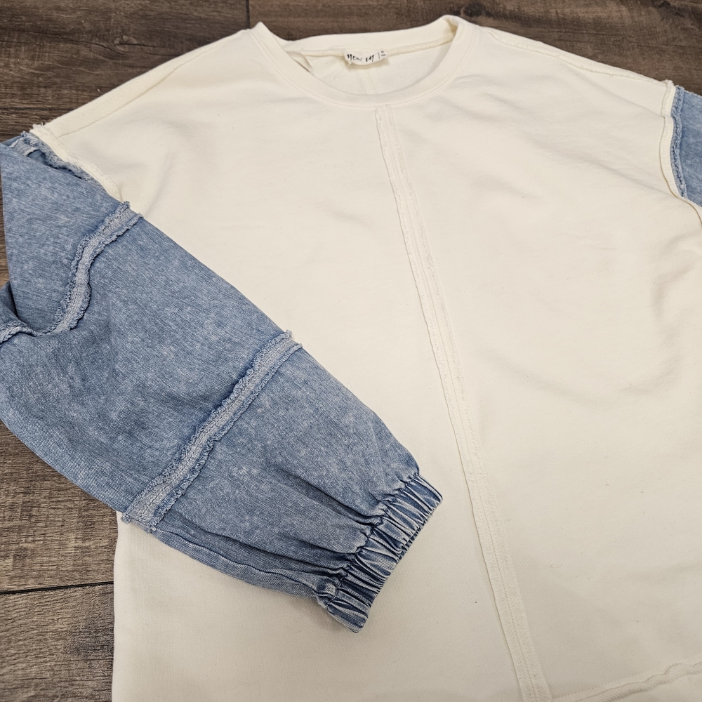 Womens Cream Denim Crewneck Sweater - Picture 2 of 5